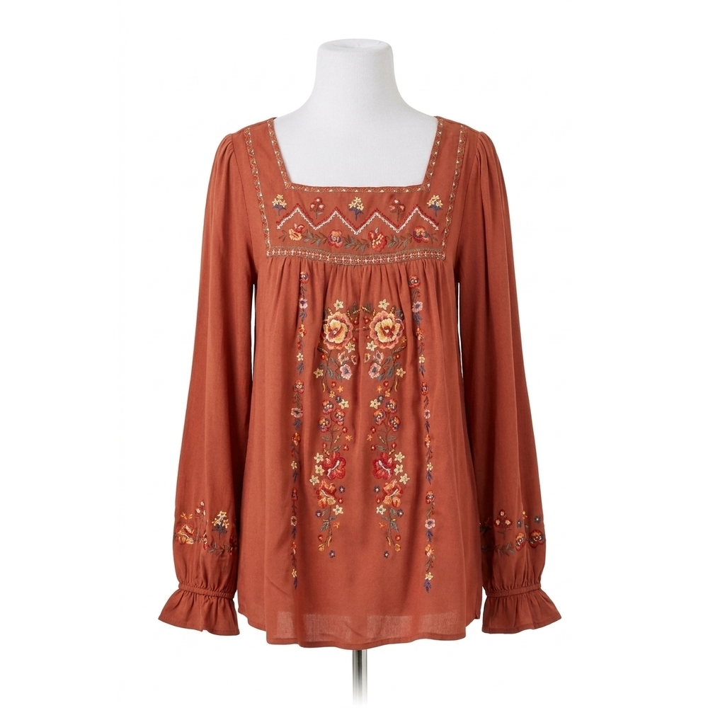 NEW ANDREE BY UNIT embroidered babydoll top in rust